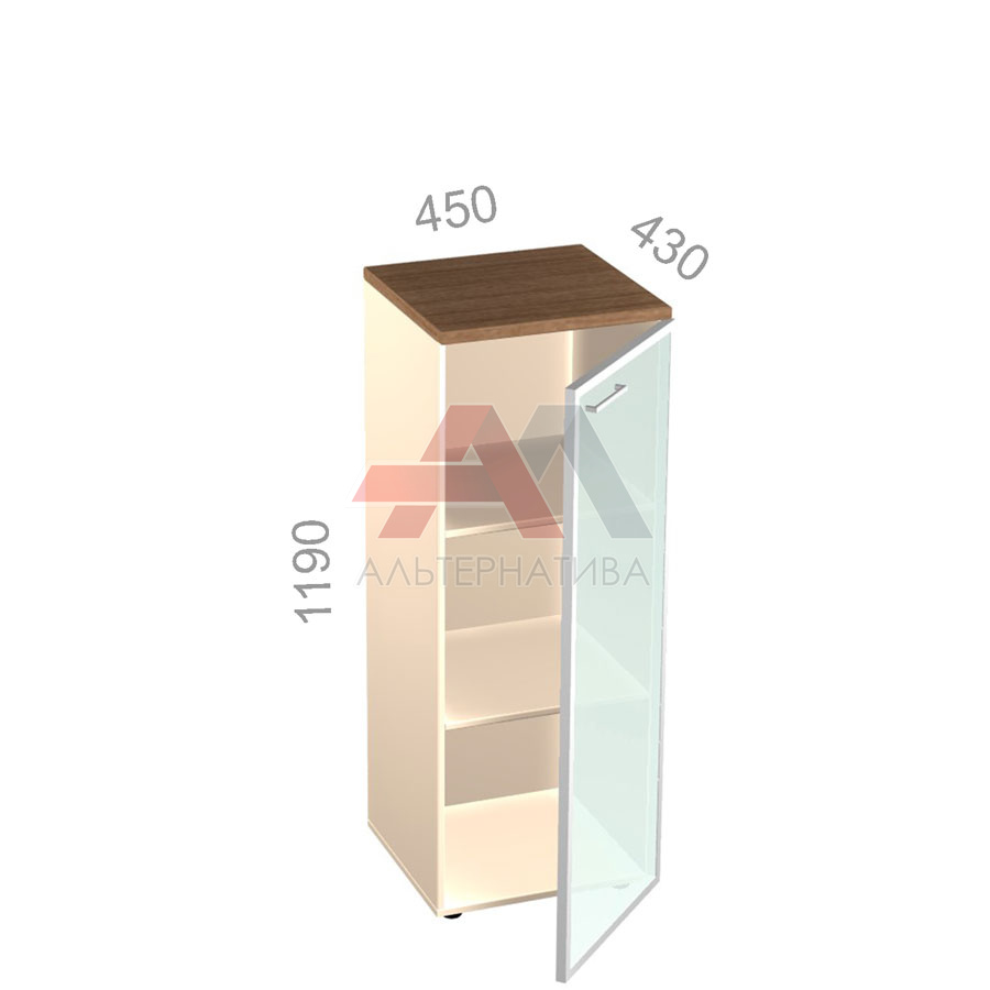 Шкаф 3 уровня, узкий, закрытый, стекло в алюминиевой раме - Октава ОКТД 3-12 R - правый, ШхГхВ: 450х430х1190 мм