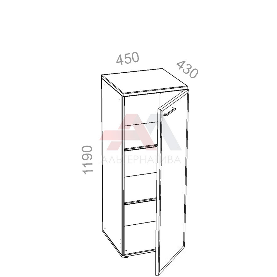 Шкаф 3 уровня, узкий, закрытый, стекло в алюминиевой раме - Октава ОКТД 3-12 R - правый, ШхГхВ: 450х430х1190 мм