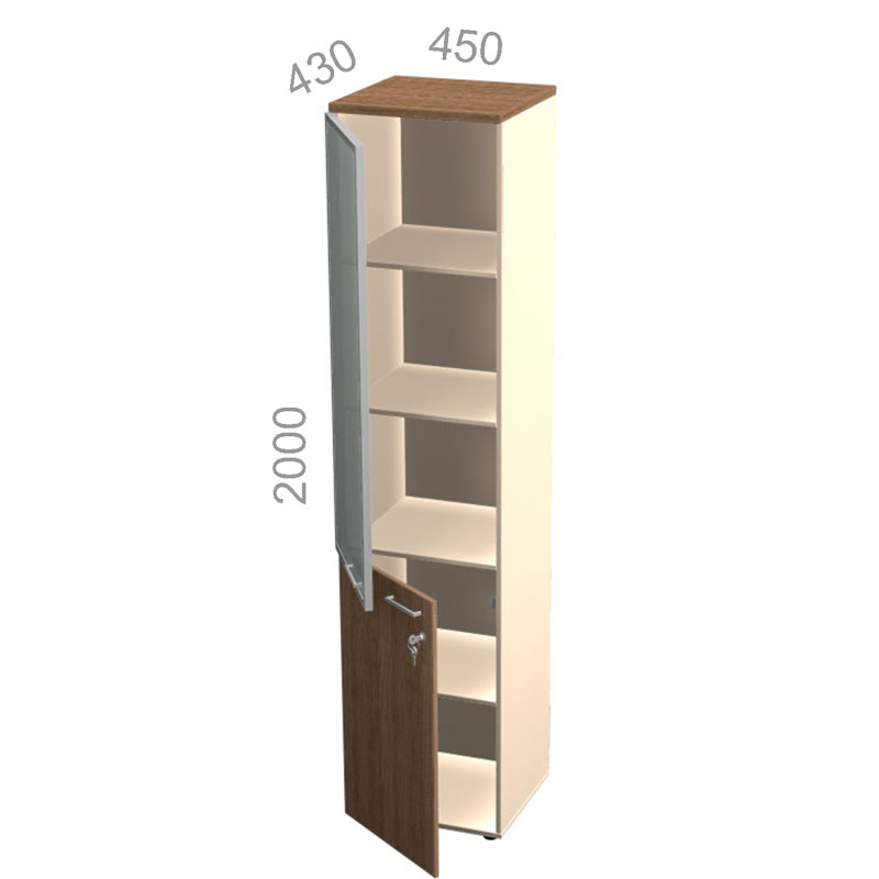 Шкаф 5 уровней, узкий, комбинированный, низ ЛДСП, верх стекло в алюминиевой раме - Октава ОКТД 5-18 L - левый, ШхГхВ: 450х430х2000 мм
