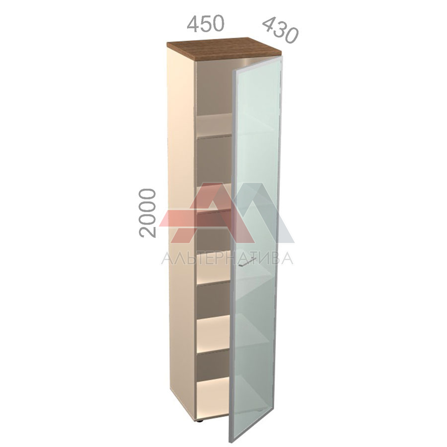 Шкаф 5 уровней, узкий, закрытый, стекло в алюминиевой раме - Октава ОКТД 5-12 R - правый, ШхГхВ: 450х430х2000 мм