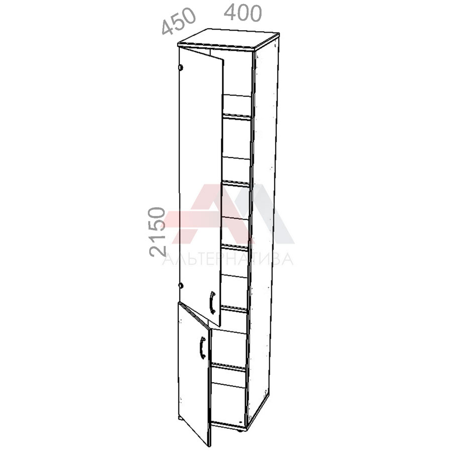 Шкаф 6 уровней, узкий, комбинированный, низ ЛДСП, верх стекло - Танго ТШ14-04з L - левый, ШхГхВ: 400х450х2150 мм