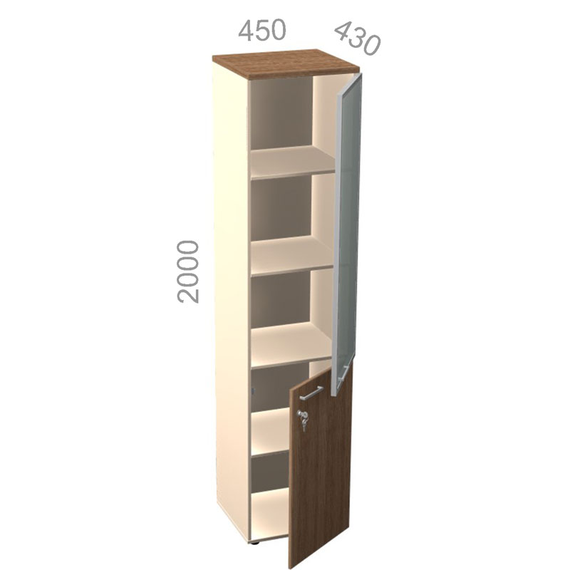 Шкаф 5 уровней, узкий, комбинированный, низ ЛДСП, верх стекло в алюминиевой раме - Аккорд Директор АКТД 5-18 R - правый, ШхГхВ: 450х430х2000 мм