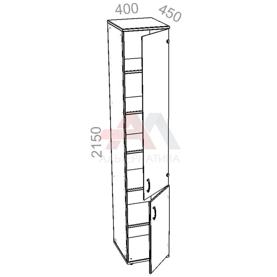 Шкаф 6 уровней, узкий, комбинированный, низ ЛДСП, верх стекло - Танго ТШ14-04з R - правый, ШхГхВ: 400х450х2150 мм
