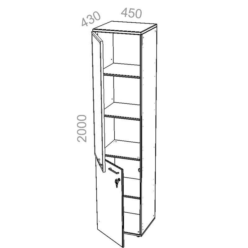 Шкаф 5 уровней, узкий, комбинированный, низ ЛДСП, верх стекло в алюминиевой раме - Аккорд Персонал АКТ 5-18 L - левый, ШхГхВ: 450х430х2000 мм